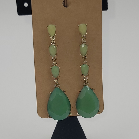 Two Tone Green Pear Shape Drop Dangling Earrings - Picture 2 of 5